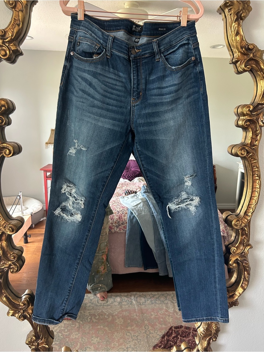 Judy Blue Boyfriend Fit Distressed Women’s Jeans - Dark Blue Rinse 13/31